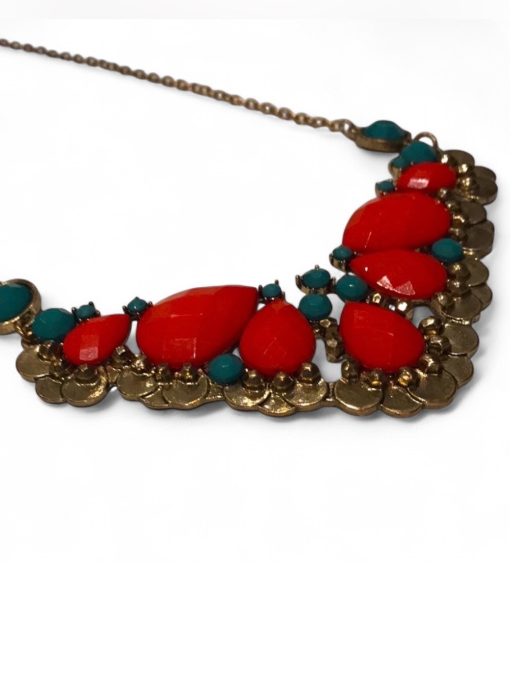 Vintage Chunky Bib Necklace Red Green and Gold Tone Statement